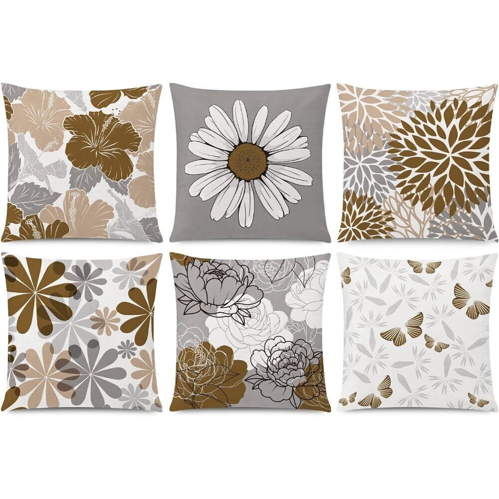Trendy Grey Brown Pillow Covers Set of 6 Cotton Linen